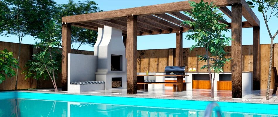 3D design of a patio area beside a pool.