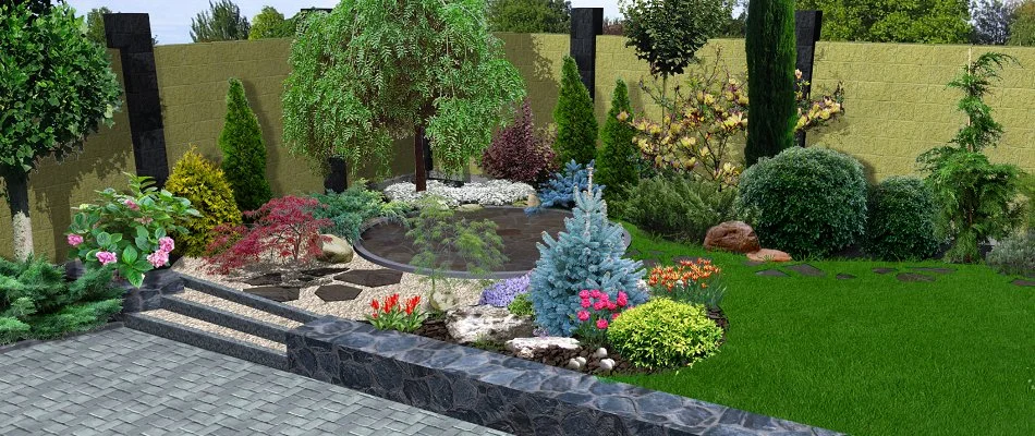 3D rendering of a landscape in Upper Arlington, OH, with colorful plantings.