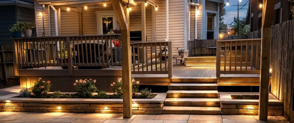 Deck and patio space in Upper Arlington, OH, with lights.