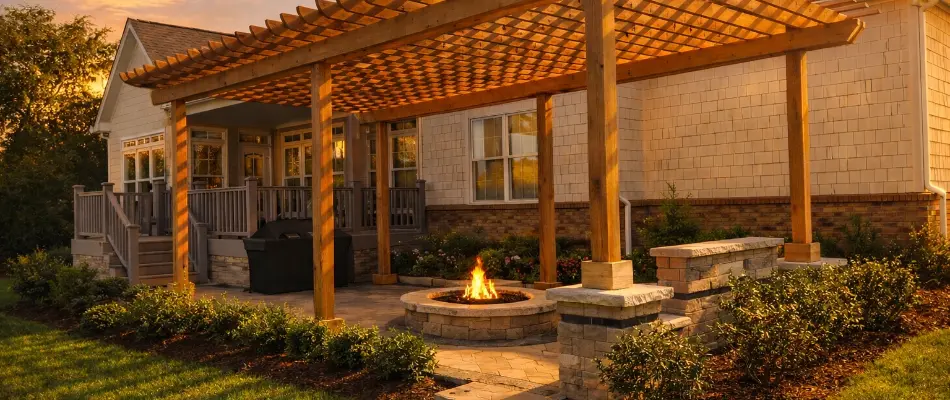 Fire pit under a pergola in Upper Arlington, OH.