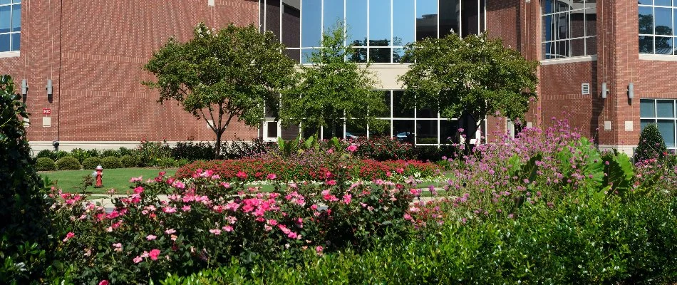Trees and flowers outside a commercial building in Powell, OH.