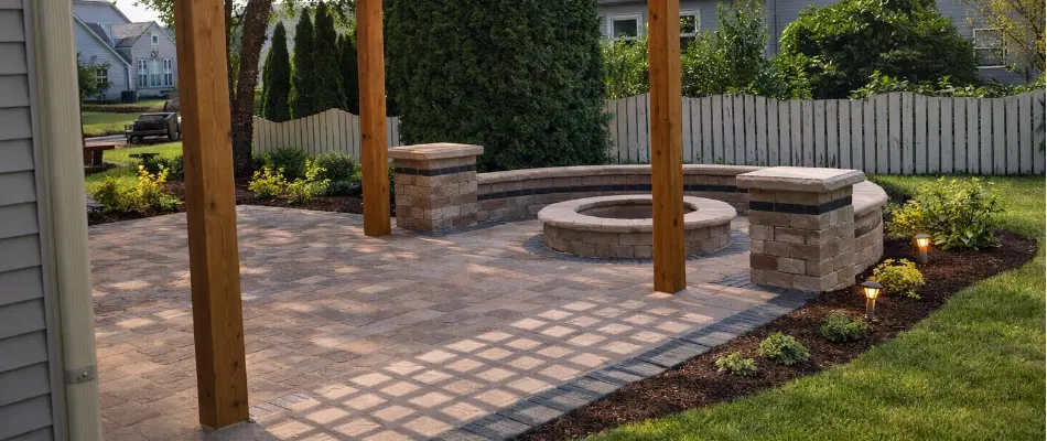 Landscape bed around a patio with fire pit in Worthington, OH.