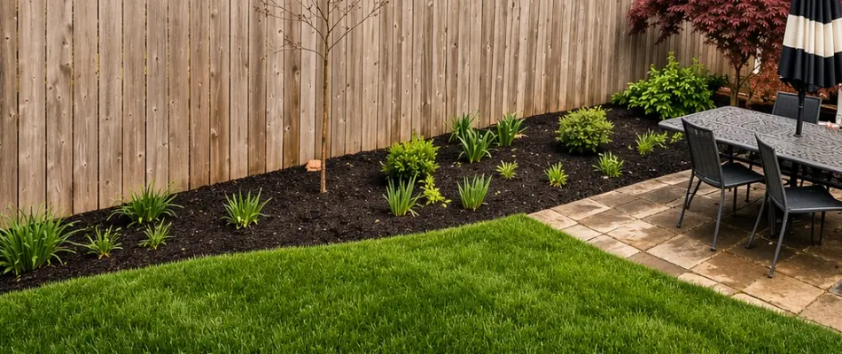 Landscape bed in Upper Arlington, OH, with mulch and small plants.