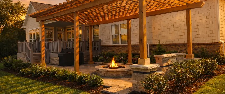 Patio, pergola, and fire pit in an outdoor space in Powell, OH.