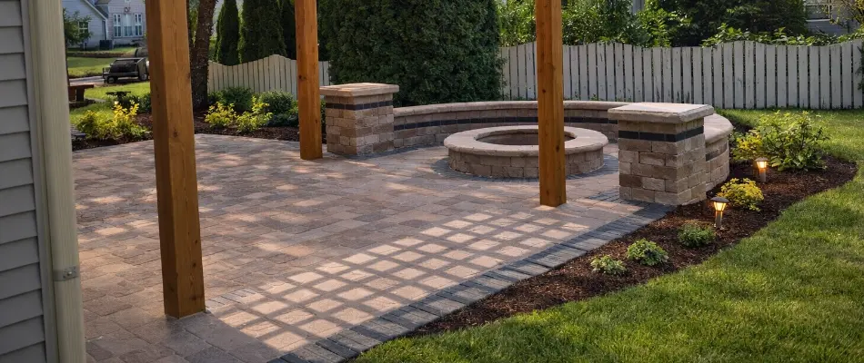 Paver patio in Upper Arlington, OH, with a fire pit and seating wall.
