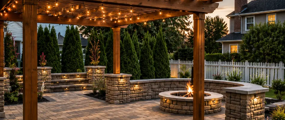 Backyard of a house in Upper Arlington, OH, with pergola and patio.