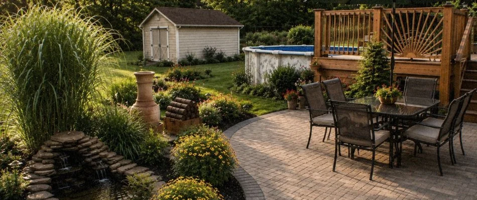 Plantings beside a patio and a deck in Italian Village, OH.