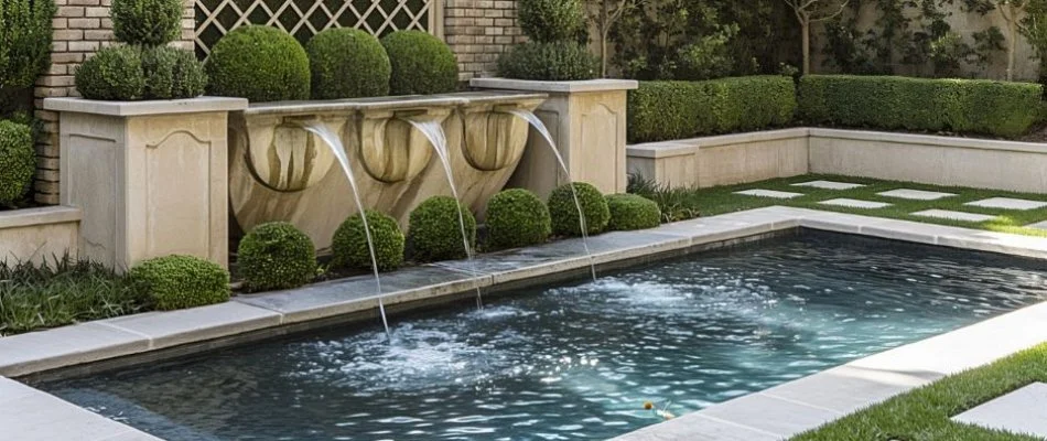 Pool in Upper Arlington, OH, with water feature and plant decorations.