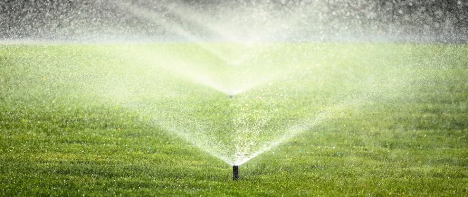 Row of irrigation sprinkler heads on a lawn in Upper Arlington, OH.