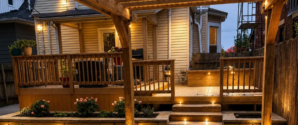 Wooden deck in Upper Arlington, OH, with outdoor lighting.