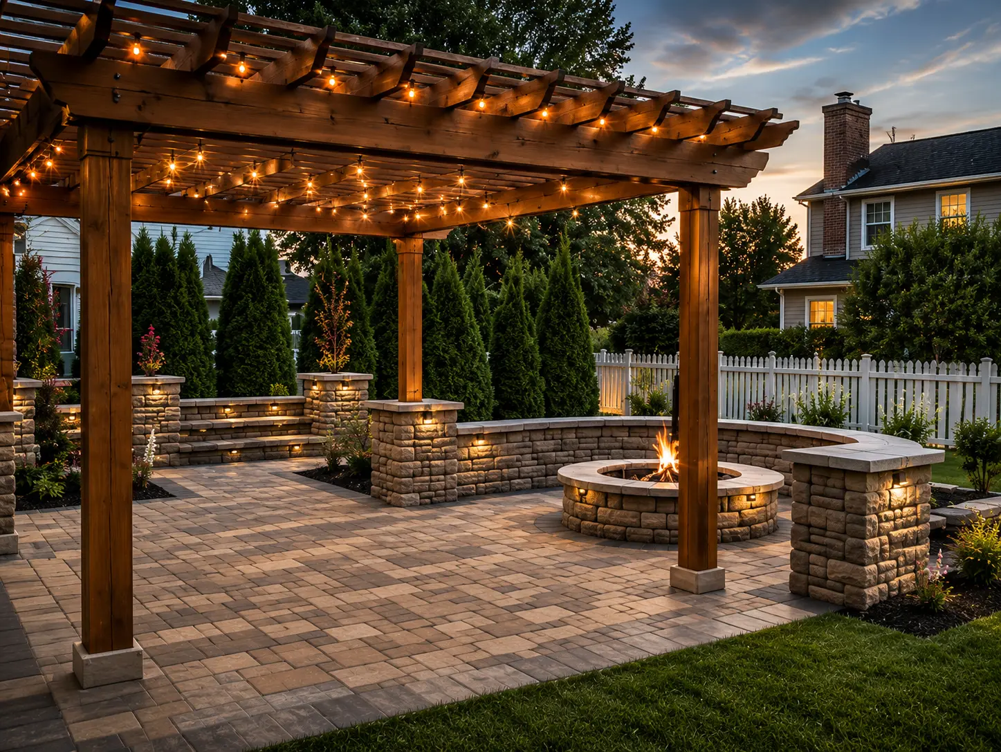Outdoor firepit with a pergola on a patio in Upper Arlington, OH.